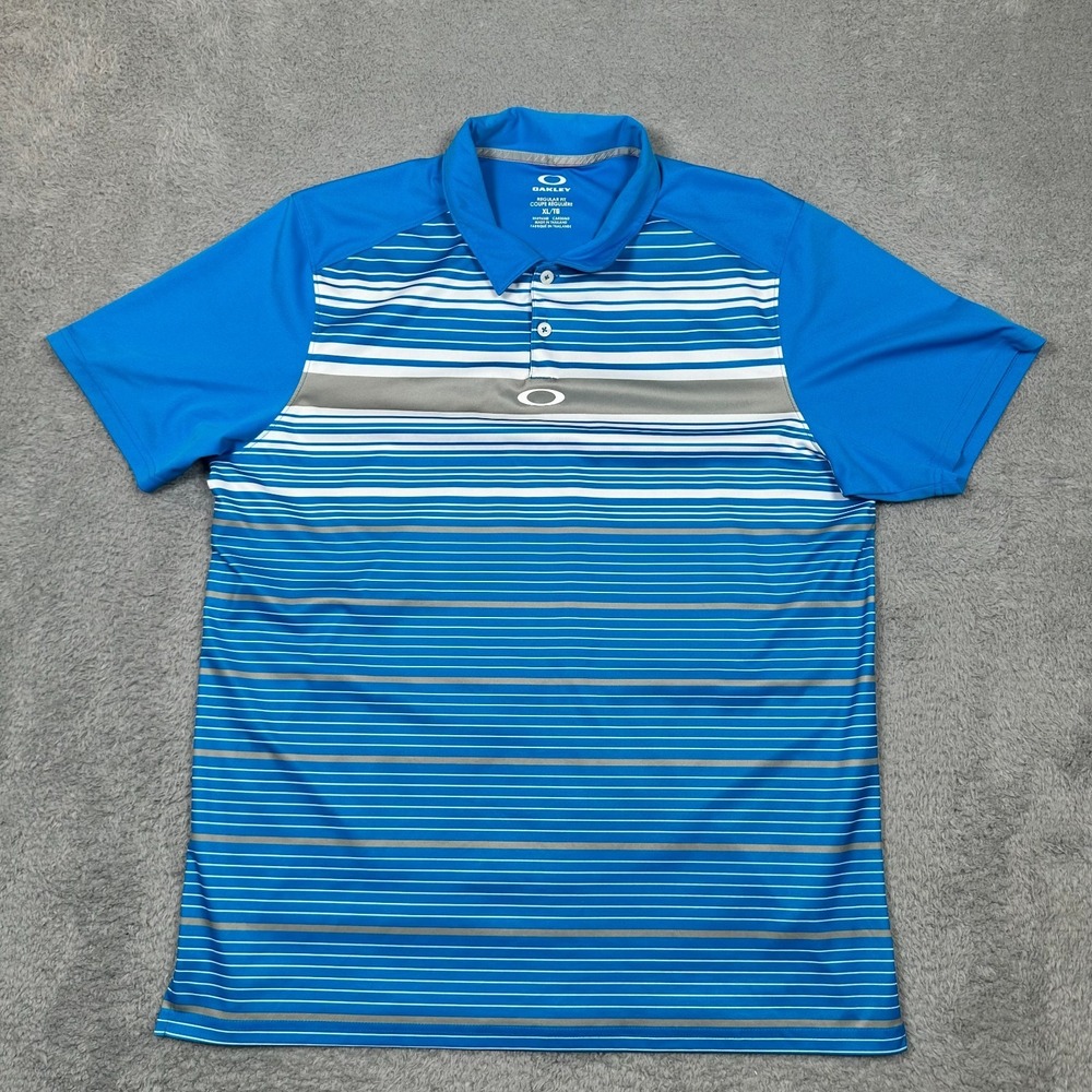 Oakley Polo Shirt‎ Mens XL Blue Stripe Performance Short Sleeve Golf Stretch EUC